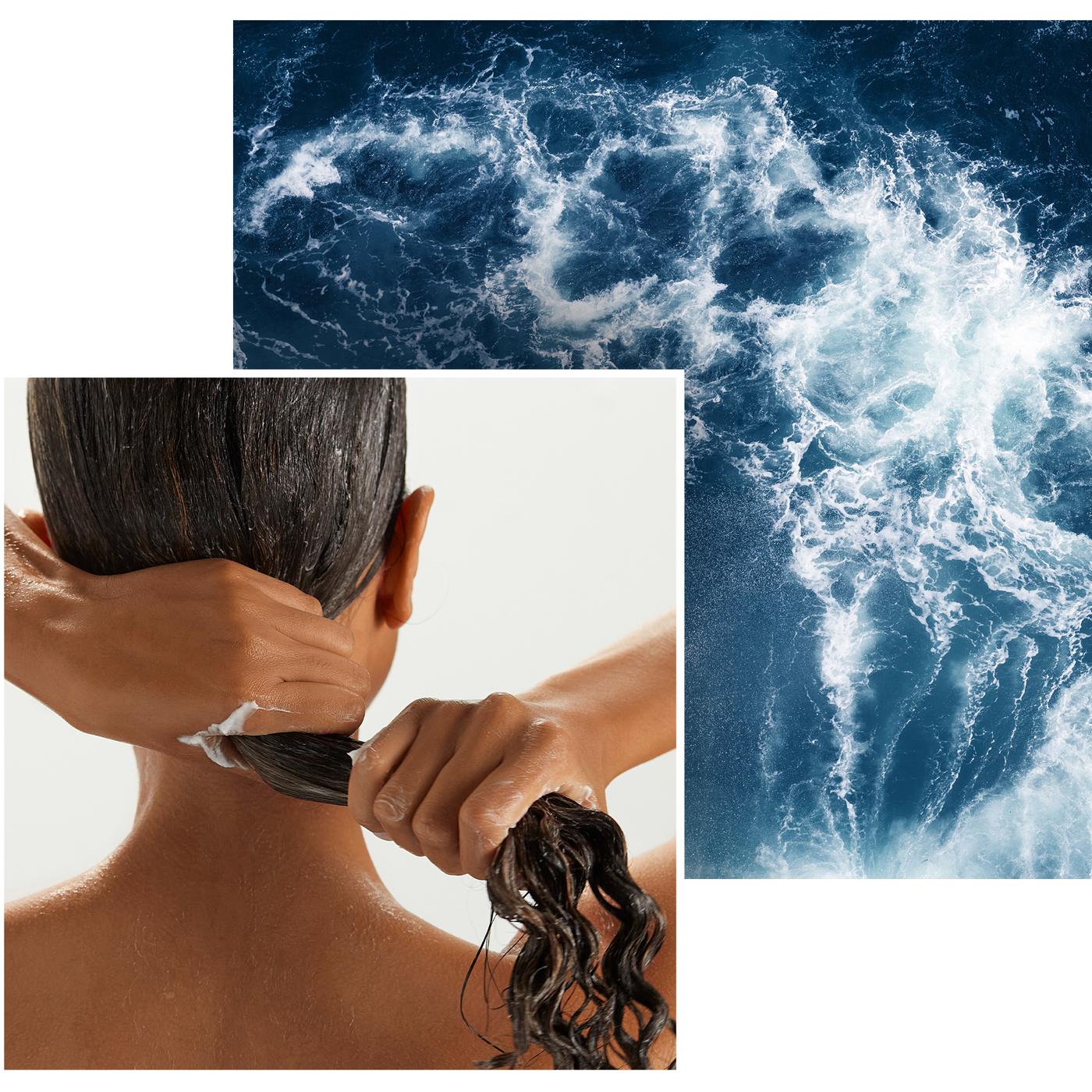 one image of a women washing her hair another image of water